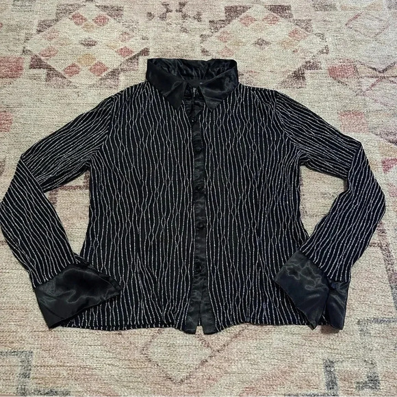 Y2K Black and silver striped sheer button up shirt size 14 - Picture 3 of 10